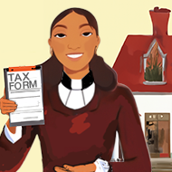 clergy housing cartoon image of clergy woman of color with a house holding up a tax form