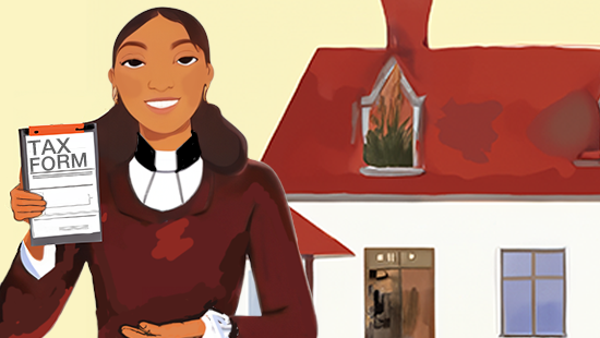 clergy housing cartoon image of clergy woman of color with a house holding up a tax form